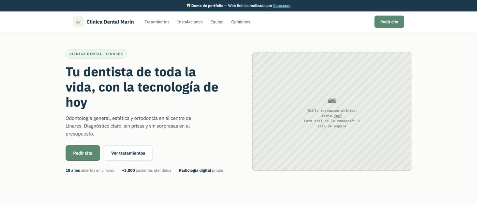 Web de la Clínica Dental Marín con tratamientos por categoría y formulario de cita